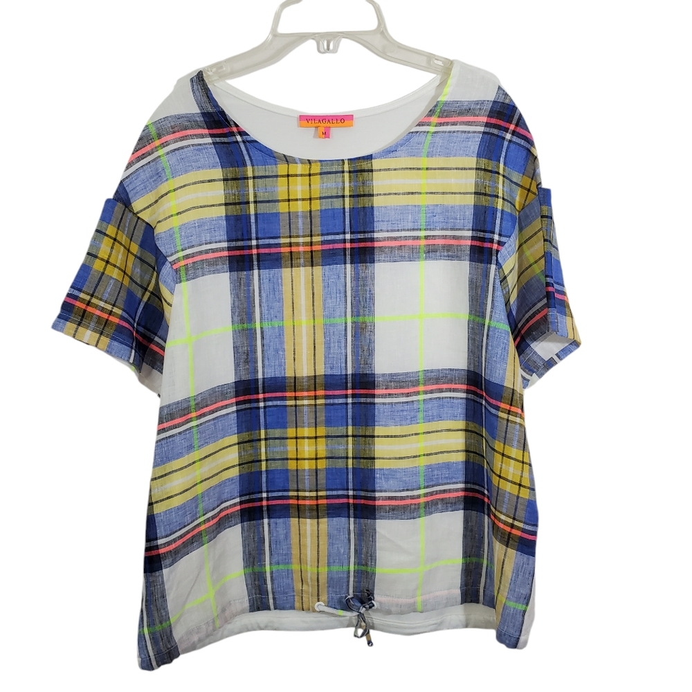Vilagallo Linen Blend Plaid Shirt Short Sleeve Lightweight Lagenlook Medium